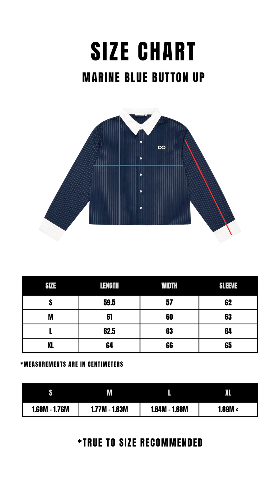 Size Chart MARINE BLUE BUTTON UP