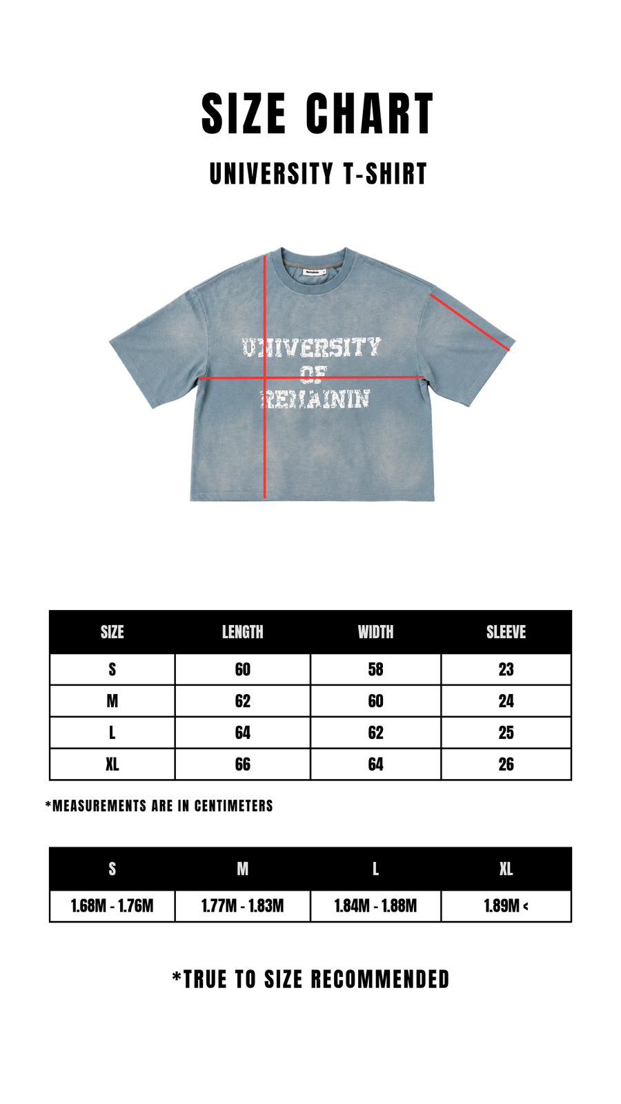 Size Chart UNIVERSITY T-SHIRT