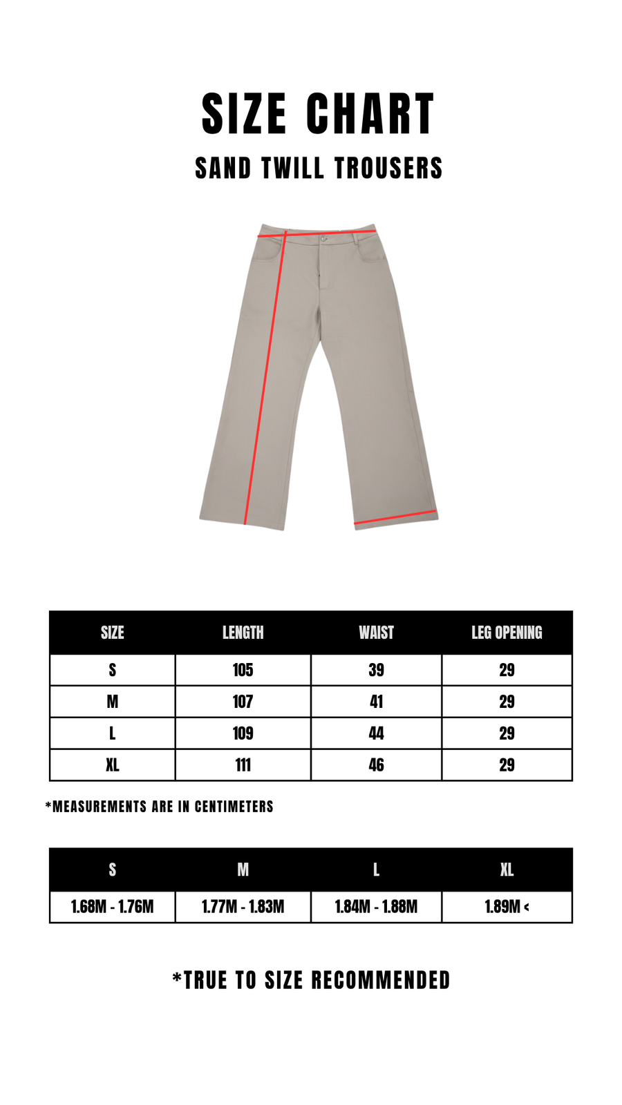Size Chart SAND TWILL TROUSERS